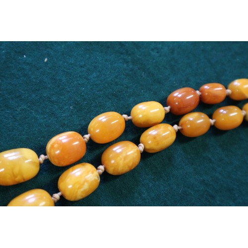 367 - An Art Deco butterscotch/egg yolk amber graduated bead necklace, the largest oval bead 19mm wide, to... 