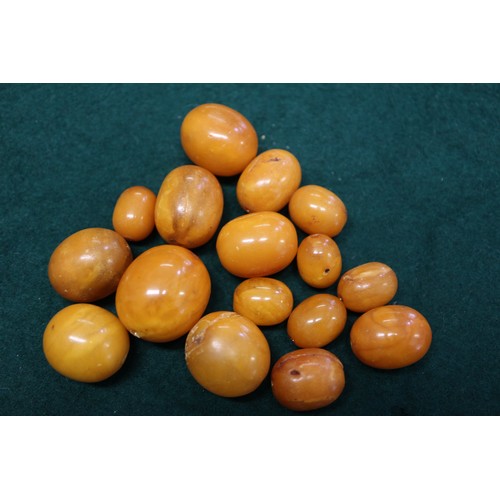 364 - A number of loose butterscotch/egg yolk amber beads, the largest oval bead 16mm wide, and a number o... 