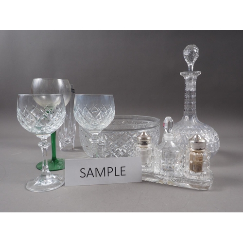 21 - A pair of cut glass sherry decanters and stoppers, six cut glass hocks, two champagnes, two rosebowl... 