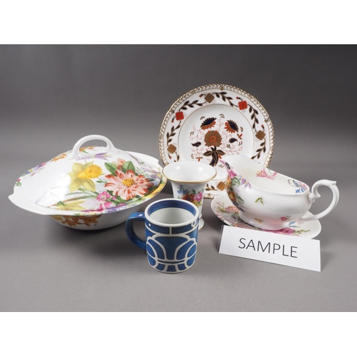 28 - A Rob Turner floral decorated tureen and cover, a matching sauce boat and stand, a Crown Derby Imari... 