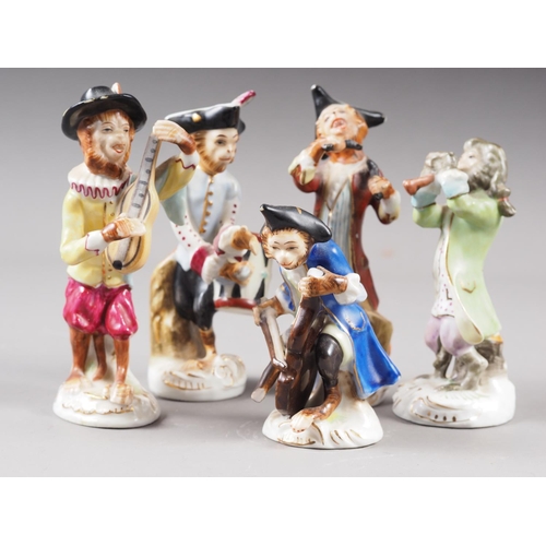 3 - Five Continental porcelain monkey musician figures, the tallest 4 1/2