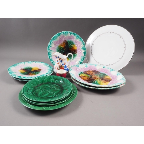 31 - Five 19th century magnolia plates (rim chips), three green leaf plates and other ceramics