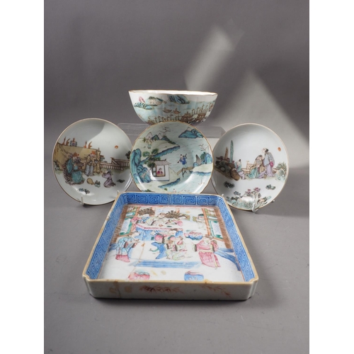 44 - A Chinese famille verte porcelain bowl with harbour scene and poem, 6 1/4