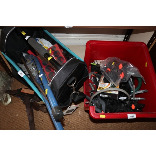 443 - A plumber's tool bag, pipe bender, spring clamps, brackets, etc