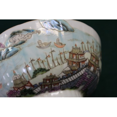 44 - A Chinese famille verte porcelain bowl with harbour scene and poem, 6 1/4