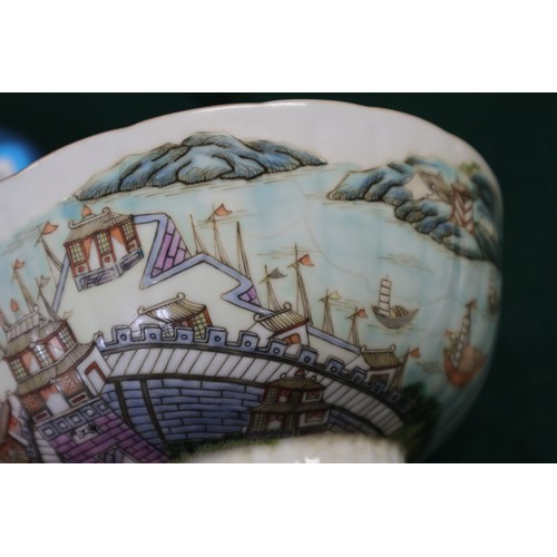 44 - A Chinese famille verte porcelain bowl with harbour scene and poem, 6 1/4