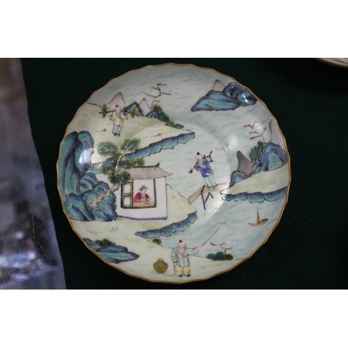 44 - A Chinese famille verte porcelain bowl with harbour scene and poem, 6 1/4