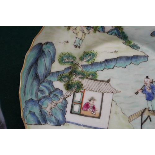 44 - A Chinese famille verte porcelain bowl with harbour scene and poem, 6 1/4