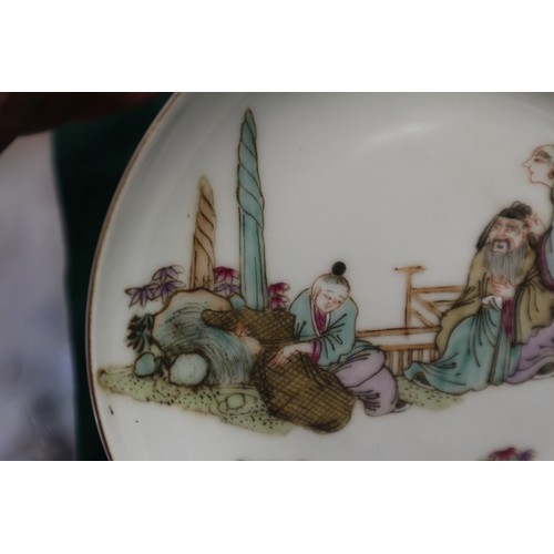 44 - A Chinese famille verte porcelain bowl with harbour scene and poem, 6 1/4