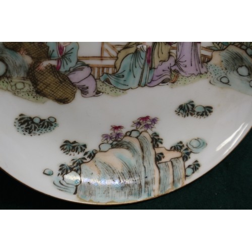 44 - A Chinese famille verte porcelain bowl with harbour scene and poem, 6 1/4