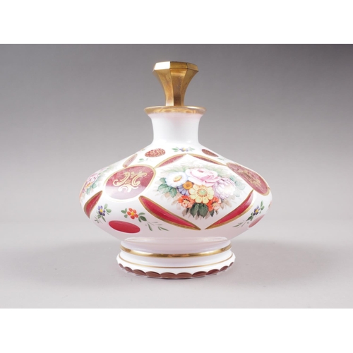 28 - A 19th century Bohemian ruby overlaid milk cut glass scent bottle and stopper with floral and gilt d... 