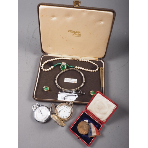 279 - A British Empire Union medal, a Seikosha stopwatch, a white metal cased pocket watch, a costume jewe... 