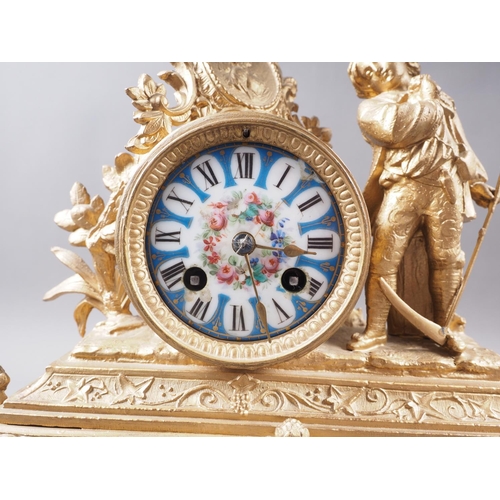 169 - A 19th century gilt and porcelain mounted mantel clock with eight-day striking movement and harveste... 