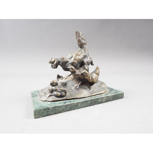 182 - A bronze model of a hen and chicks, on a green marble base, 5