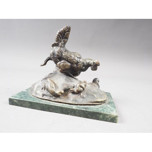 182 - A bronze model of a hen and chicks, on a green marble base, 5