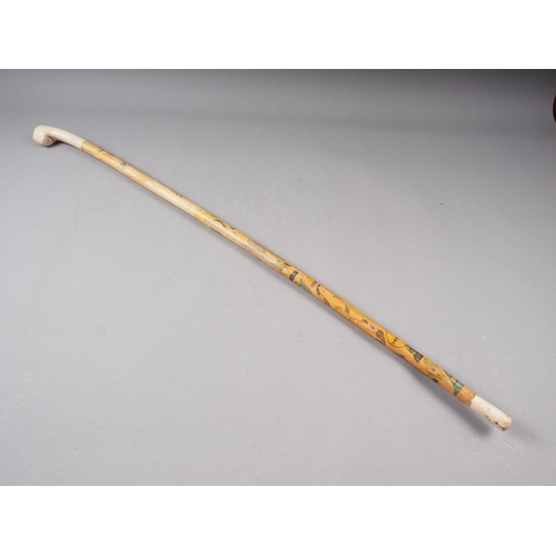 237 - A South African poker work walking stick with inscription and figured decoration, 32