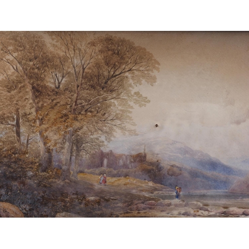 459 - J M Arthur: watercolours, landscape with distant abbey ruins by a river, 12 1/2