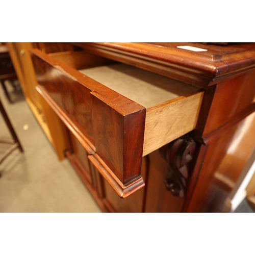 532 - A late 19th century figured mahogany ledge back chiffonier, fitted shelf over two drawers and cupboa... 