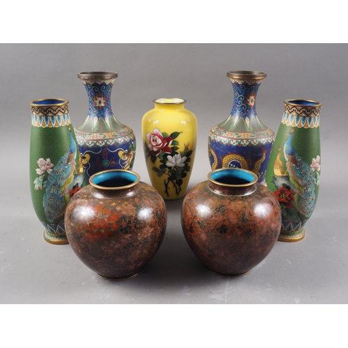 141 - A Japanese yellow ground cloisonne vase with floral decoration, 7 1/2