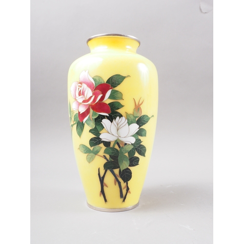 141 - A Japanese yellow ground cloisonne vase with floral decoration, 7 1/2