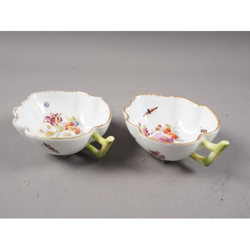 18 - A pair of Dresden porcelain floral decorated leaf shape cups, 4 3/4