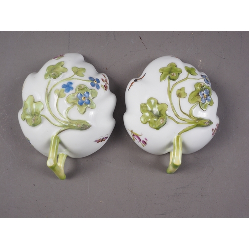 18 - A pair of Dresden porcelain floral decorated leaf shape cups, 4 3/4