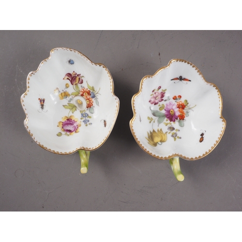 18 - A pair of Dresden porcelain floral decorated leaf shape cups, 4 3/4