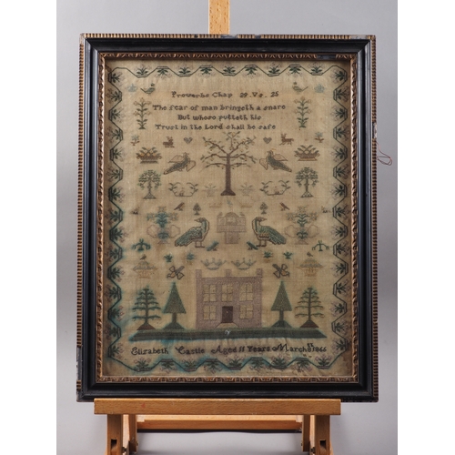 261 - A mid 19th century sampler with verse, house flowers and birds by Elizabeth Castle, Age 11 1866, 16