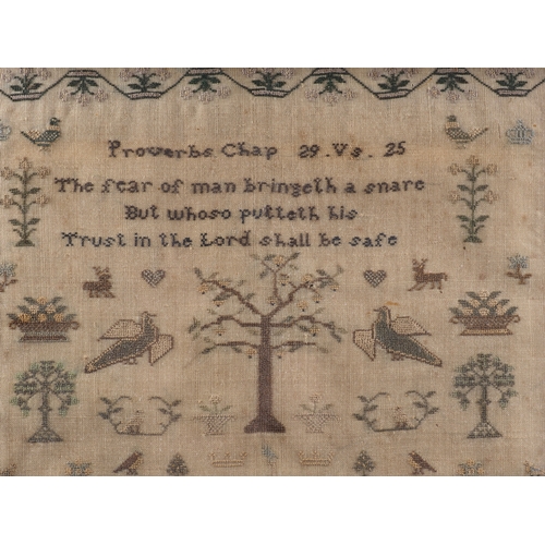 261 - A mid 19th century sampler with verse, house flowers and birds by Elizabeth Castle, Age 11 1866, 16