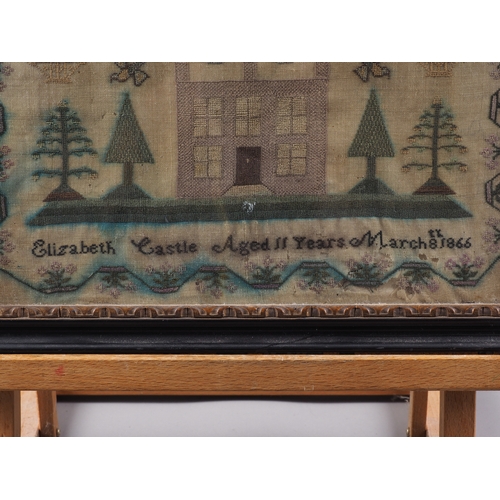 261 - A mid 19th century sampler with verse, house flowers and birds by Elizabeth Castle, Age 11 1866, 16