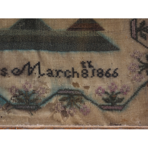 261 - A mid 19th century sampler with verse, house flowers and birds by Elizabeth Castle, Age 11 1866, 16