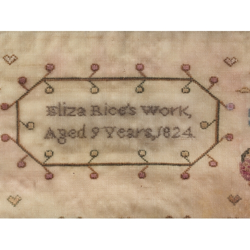 262 - An early 19th century verse, house and flowers sampler, worked by Elizabeth Rice aged 9, 1824, 18 1/... 