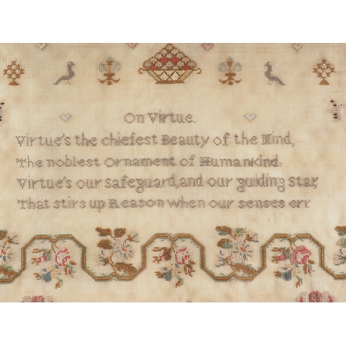 262 - An early 19th century verse, house and flowers sampler, worked by Elizabeth Rice aged 9, 1824, 18 1/... 