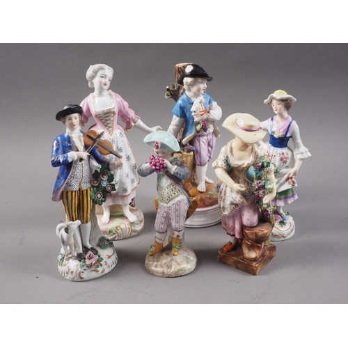 3 - A Continental porcelain figure, man playing violin with dog, and five other similar figures (restora... 