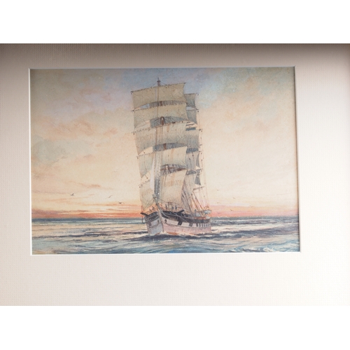 451 - A watercolour study of a square rigged ship at dusk, 6 1/4