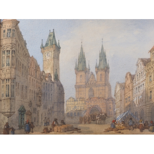 462 - J Deutze, '79: a 19th century watercolour, Prague Old Town Square with Tyn Church, 12 1/2