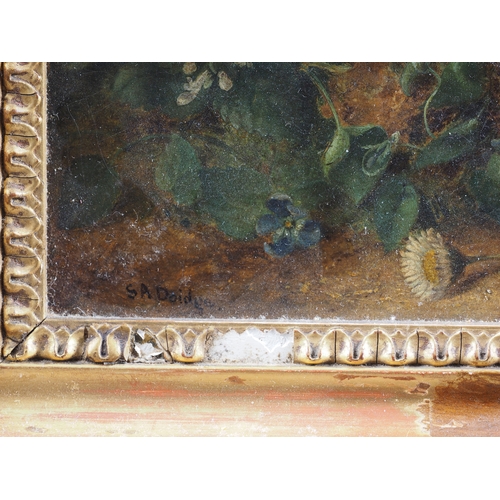 473 - S A Dodge: oil on board, still life of bird's nest with eggs and flowers, 7