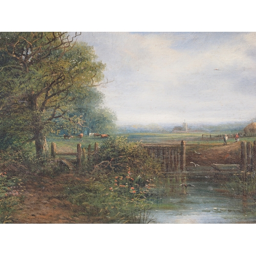 474 - Edwin Button: a 19th century oil on canvas, rural landscape with river, stile and distant church, 11... 