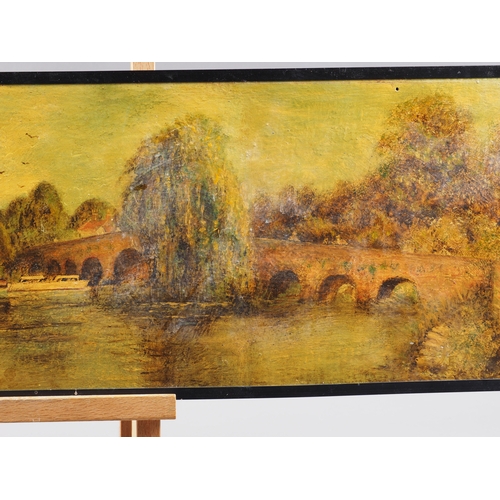 476 - E Hunt: oil on board, view of the Great House and bridge, Sonning, 9 1/4