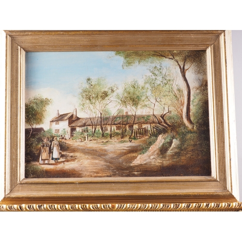 478 - English late 19th century Naive School: oil on canvas, cottage and figures, 9 1/2