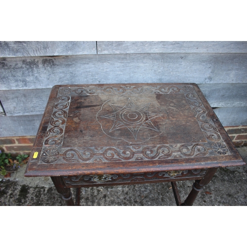 493 - An 18th century provincial carved oak side table, fitted one drawer, on turned and stretchered suppo... 