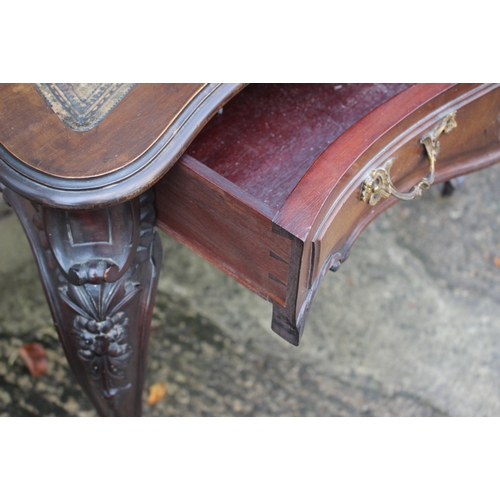 528 - A late 19th century French carved walnut serpentine desk, fitted raised back, mirror panel and cupbo... 