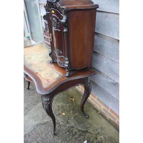 528 - A late 19th century French carved walnut serpentine desk, fitted raised back, mirror panel and cupbo... 