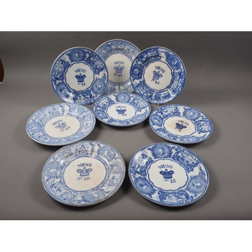 53 - A collection of eight 19th century blue and white naval mess plates, messes 4, 14, 15, 45, 59, 62 an... 