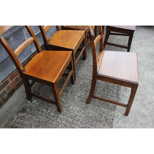 531 - A Harlequin set of six Welsh 19th century oak bar back dining chairs with panel seats and stretchere... 