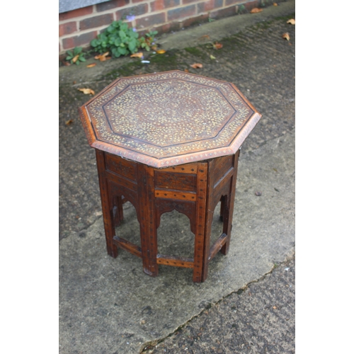 623 - An Indian bone inlaid hardwood low occasional table, on cabriole supports and a similar table on fol... 