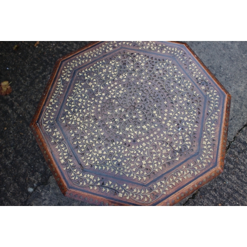 623 - An Indian bone inlaid hardwood low occasional table, on cabriole supports and a similar table on fol... 