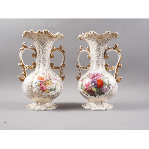 7 - A pair of early 19th century Worcester bulbous flared rim vases with gilt scrolled handles and gilt ... 