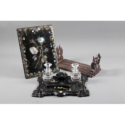 290 - A Japanese black lacquered and abalone inset ink stand, 12 1/4