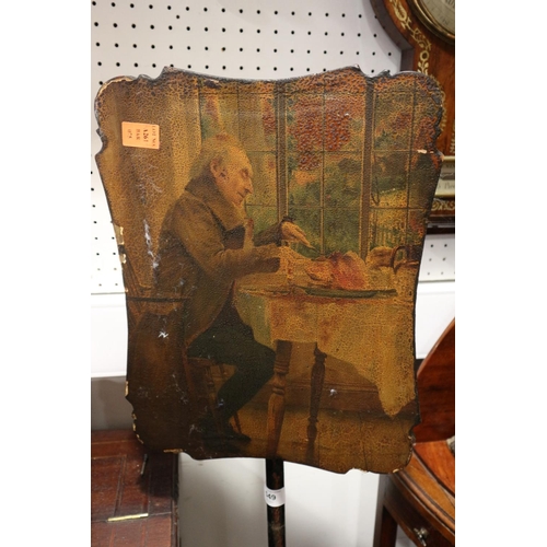 549 - A 19th century pole screen with figure decorated panel, on triform base